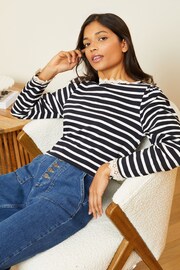 Love & Roses Navy Blue and White Stripe Lace Trim Long Sleeve Jersey Top - Image 1 of 4
