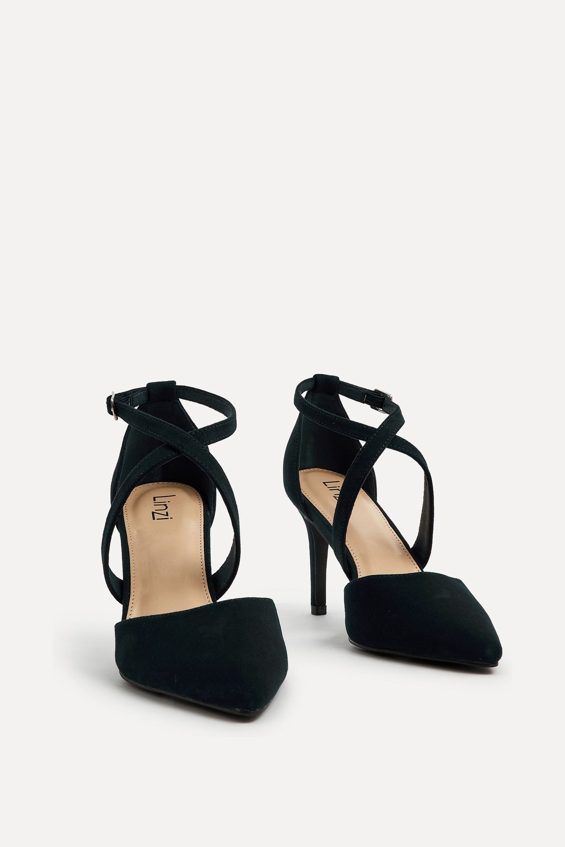 Linzi Black Runway Stiletto Court Heels With Crossover Front Strap