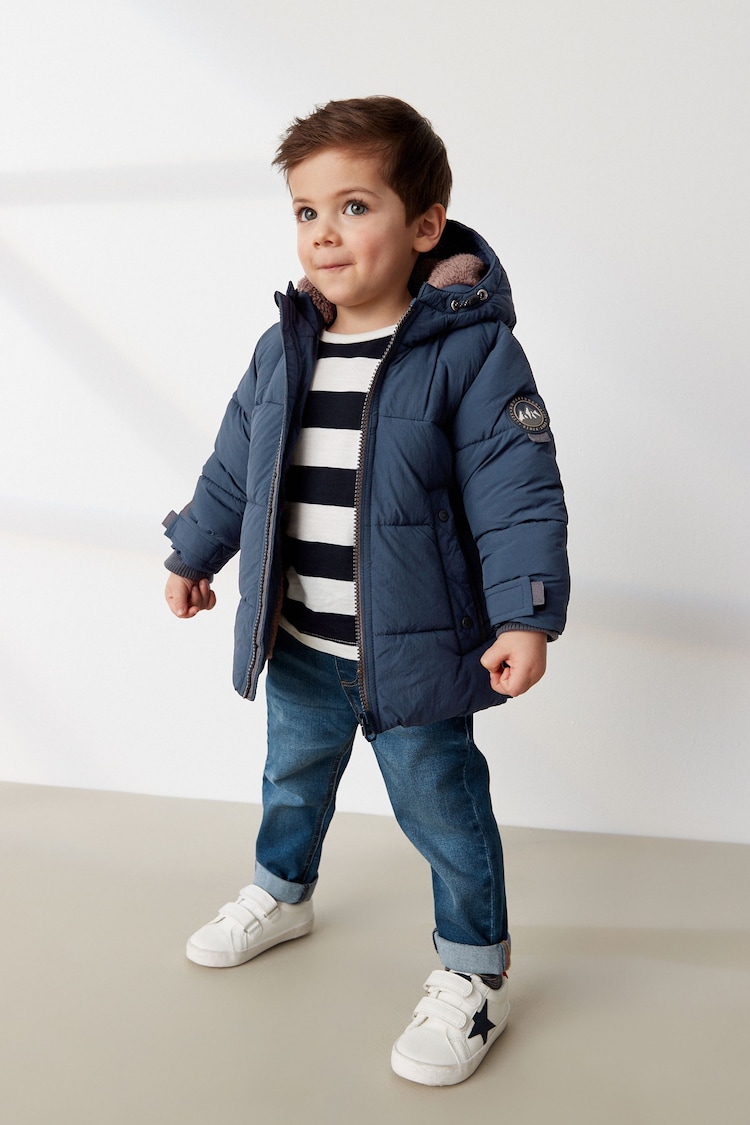 Navy Borg Fleece Lined Shower Resistant Hooded Padded Coat (3mths-7yrs) - Image 2 of 11