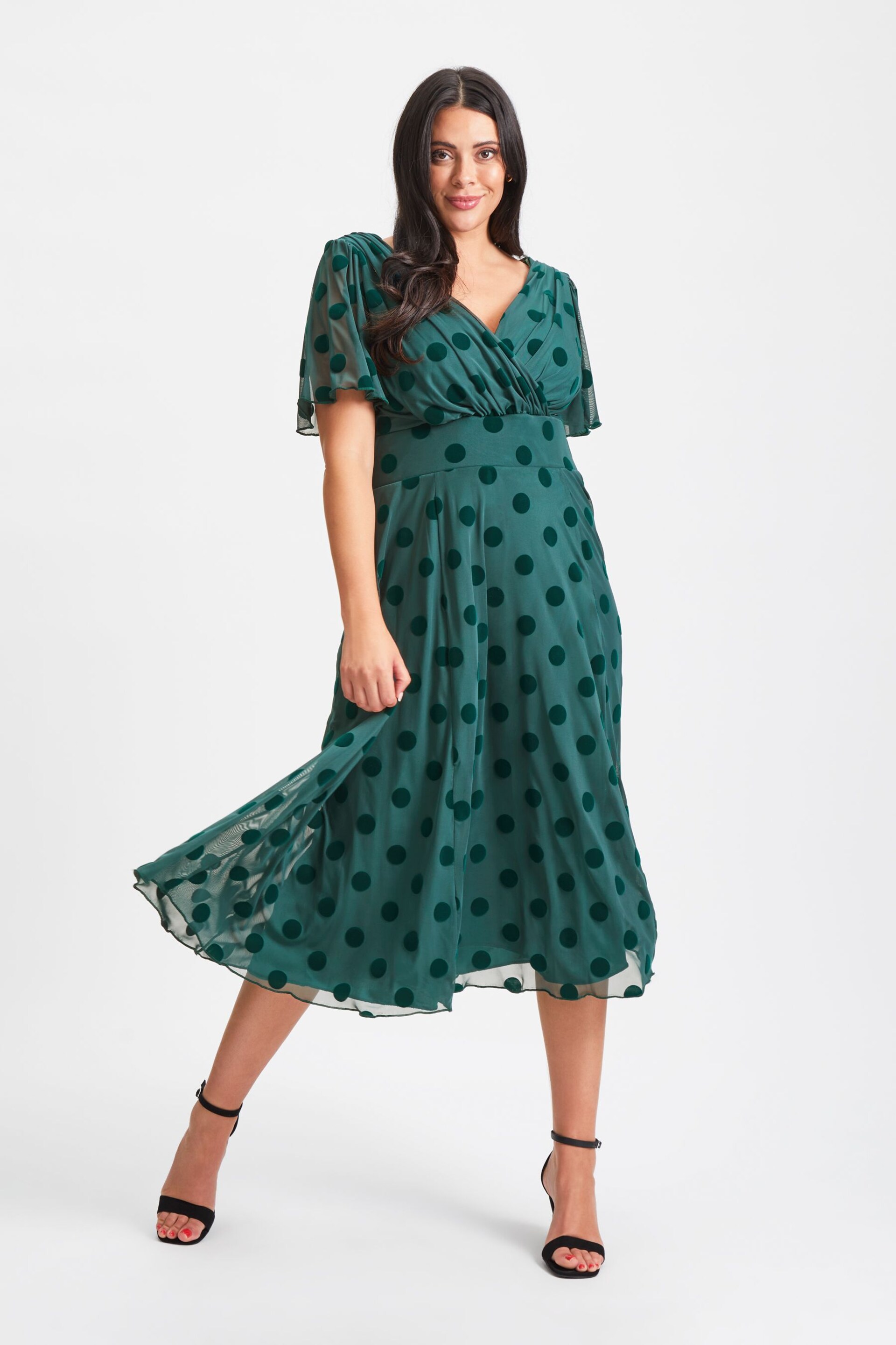 Scarlett & Jo Green Victoria Flock Spot Angel Sleeve Mesh Midi long Dress - Image 1 of 4