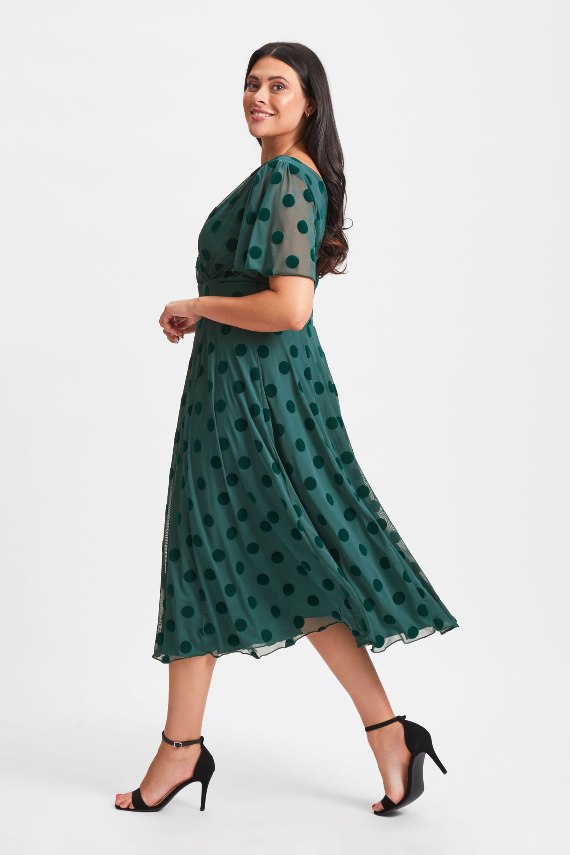 Scarlett & Jo Green Victoria Flock Spot Angel Sleeve Mesh Midi long Dress - Image 3 of 4