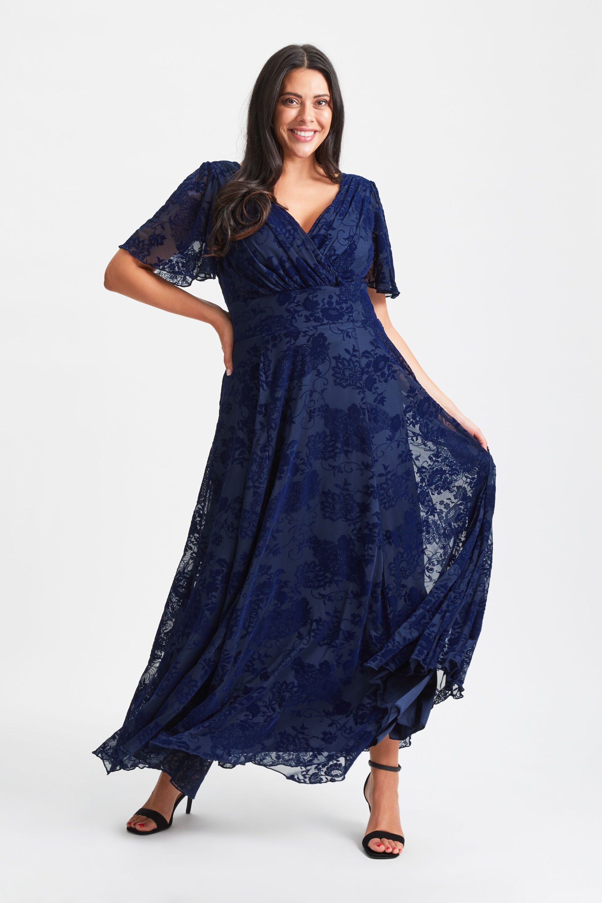 Scarlett & Jo Blue Isabelle Velvet Flock Angel Sleeve Maxi Dress - Image 1 of 8