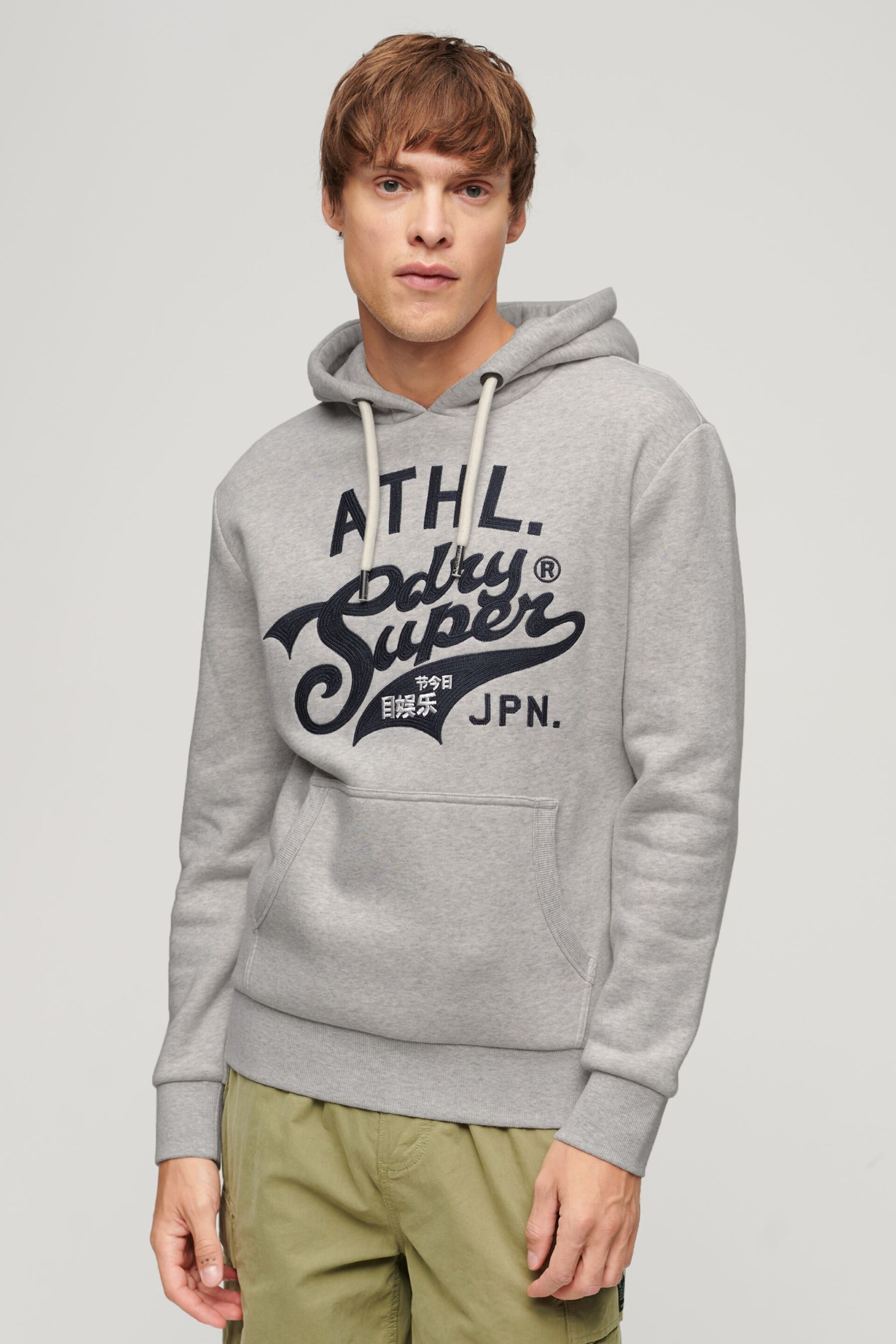 Superdry Grey Athletic Script Graphic Hoodie - Image 1 of 3