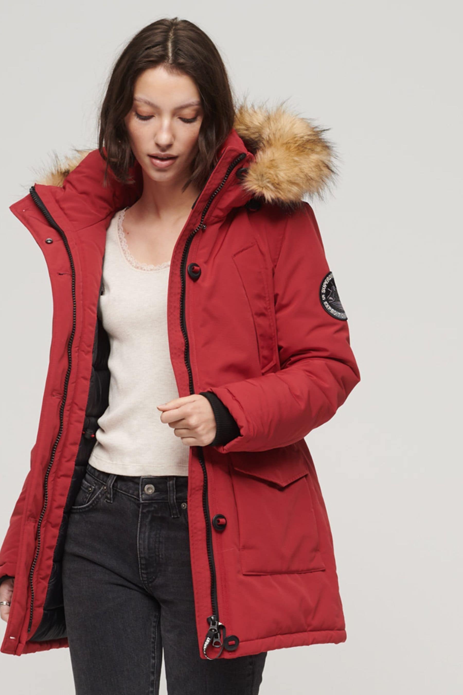 Red faux fur hooded jacket online