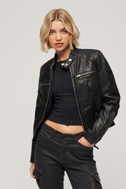 Superdry Black Fitted Leather Racer Jacket - Image 1 of 6