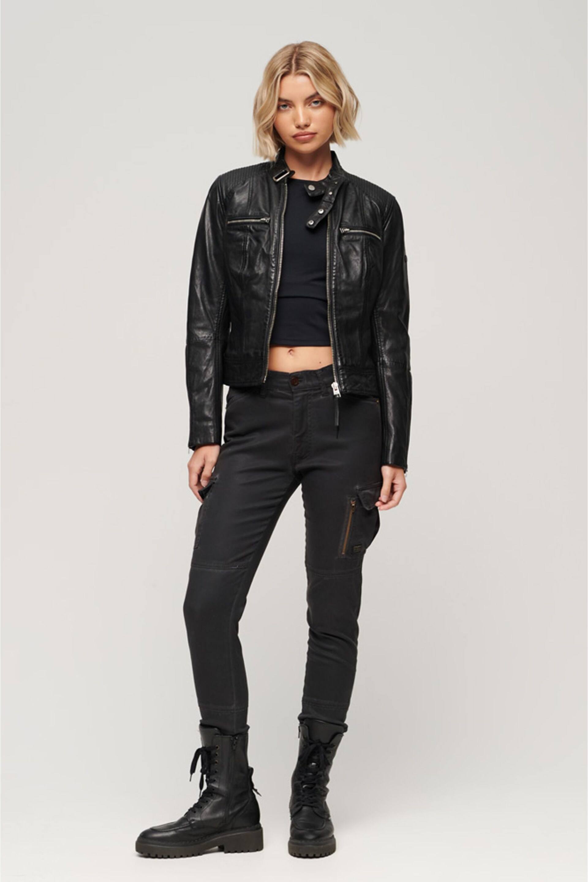 Superdry Black Fitted Leather Racer Jacket - Image 3 of 6
