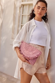 Pink Raffia Fringe Clutch Bag - Image 1 of 11