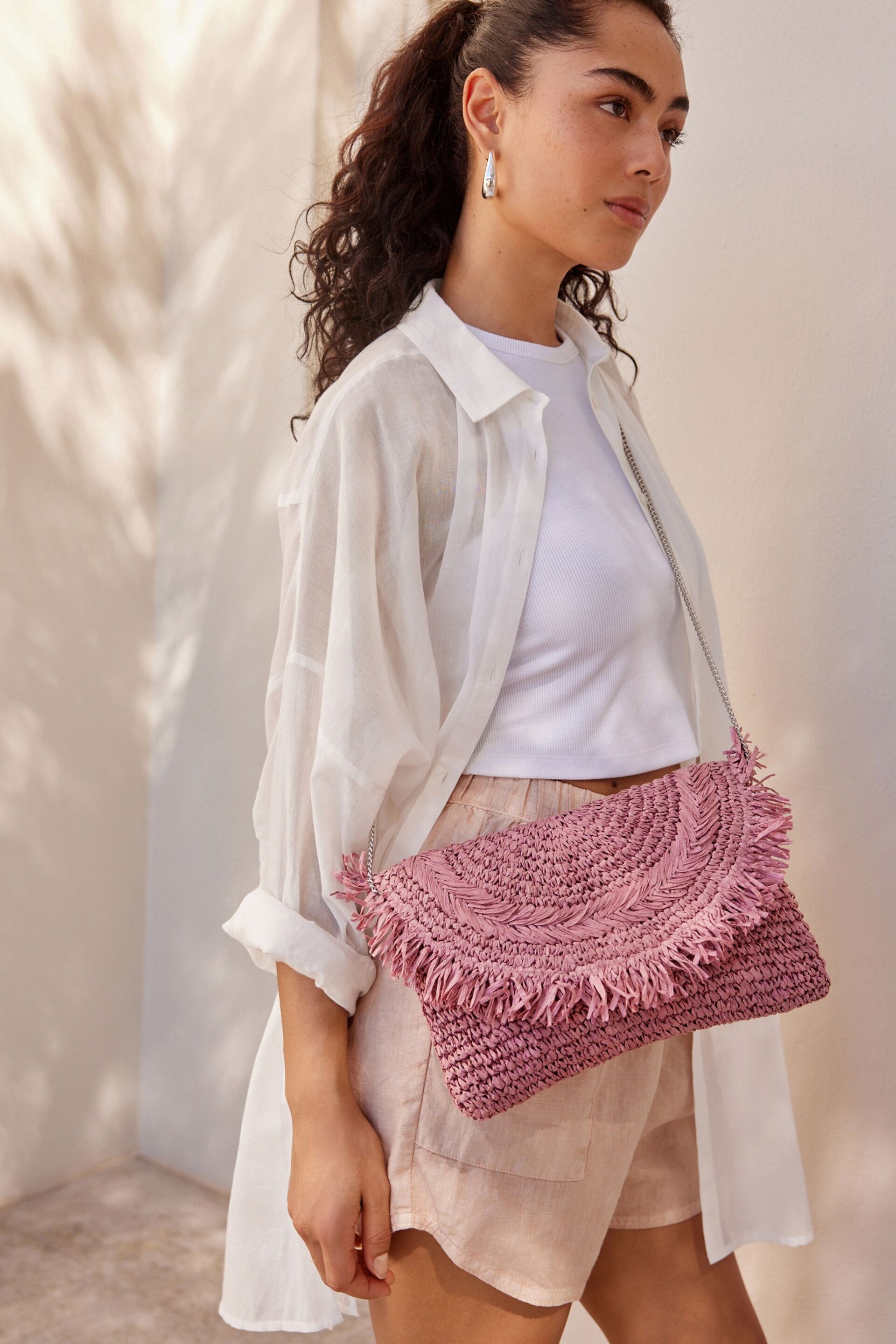 Pink Raffia Fringe Clutch Bag - Image 2 of 11