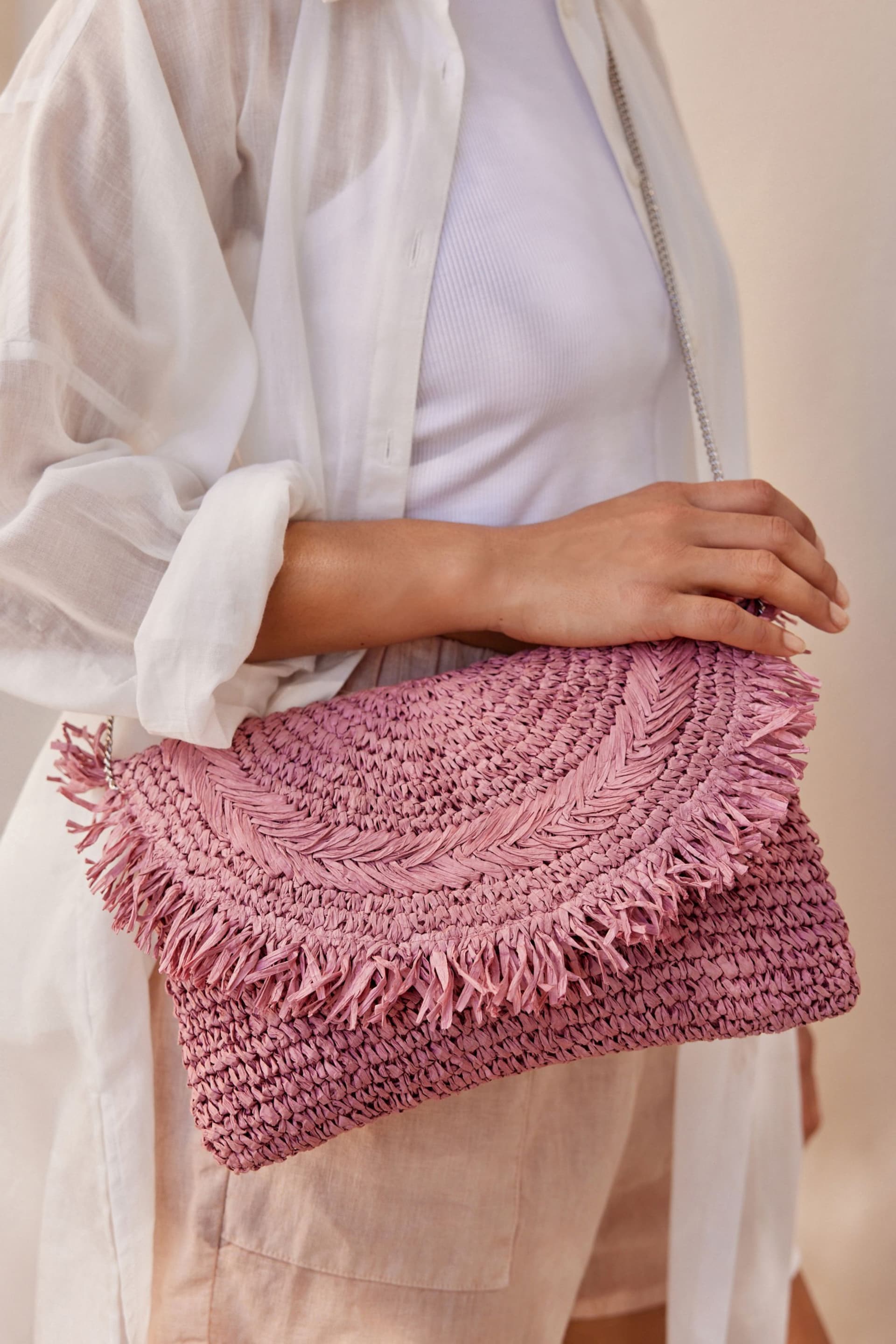 Pink Raffia Fringe Clutch Bag - Image 3 of 11