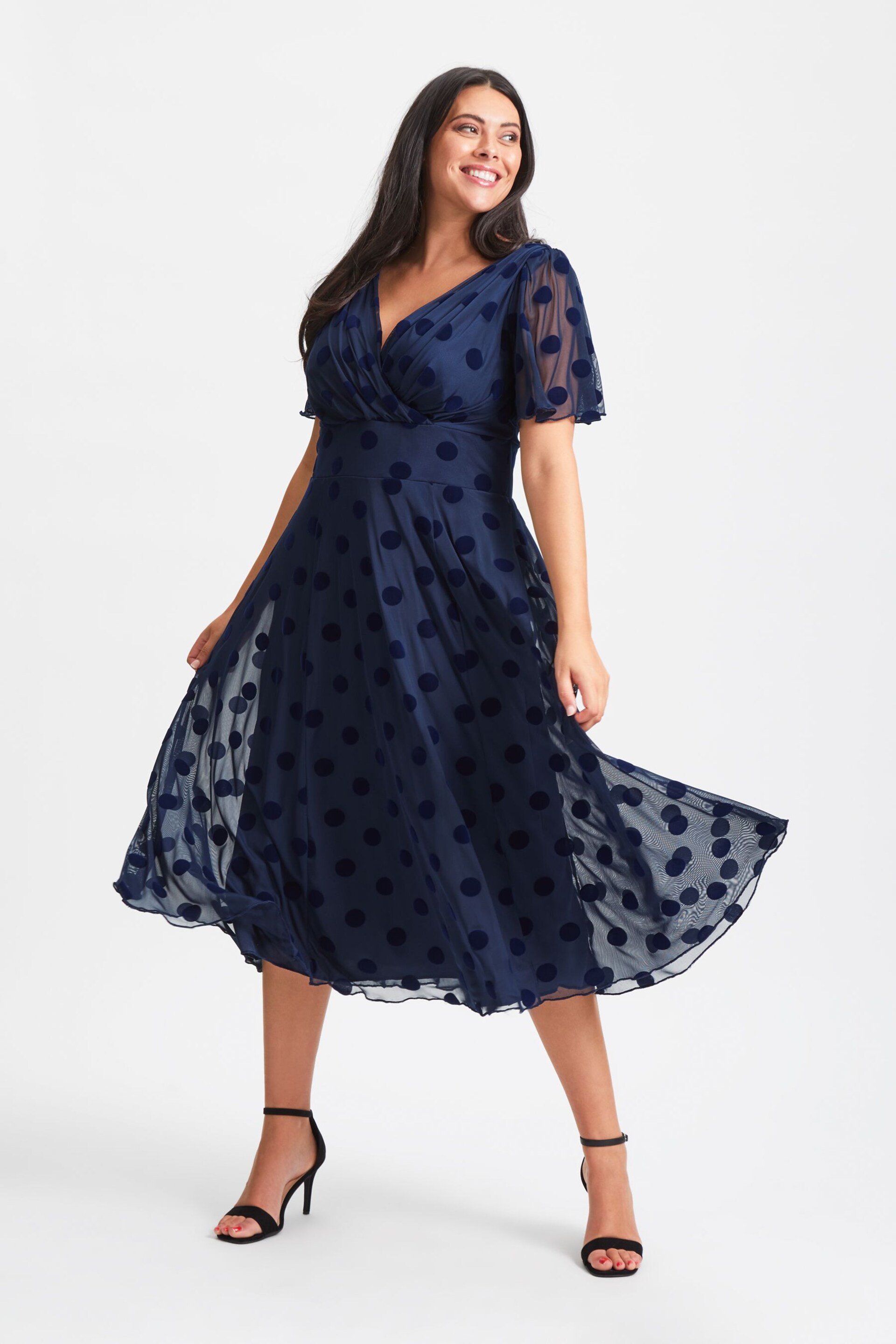 Scarlett & Jo Blue Victoria Flock Spot Angel Sleeve Mesh Midi long Dress - Image 1 of 5