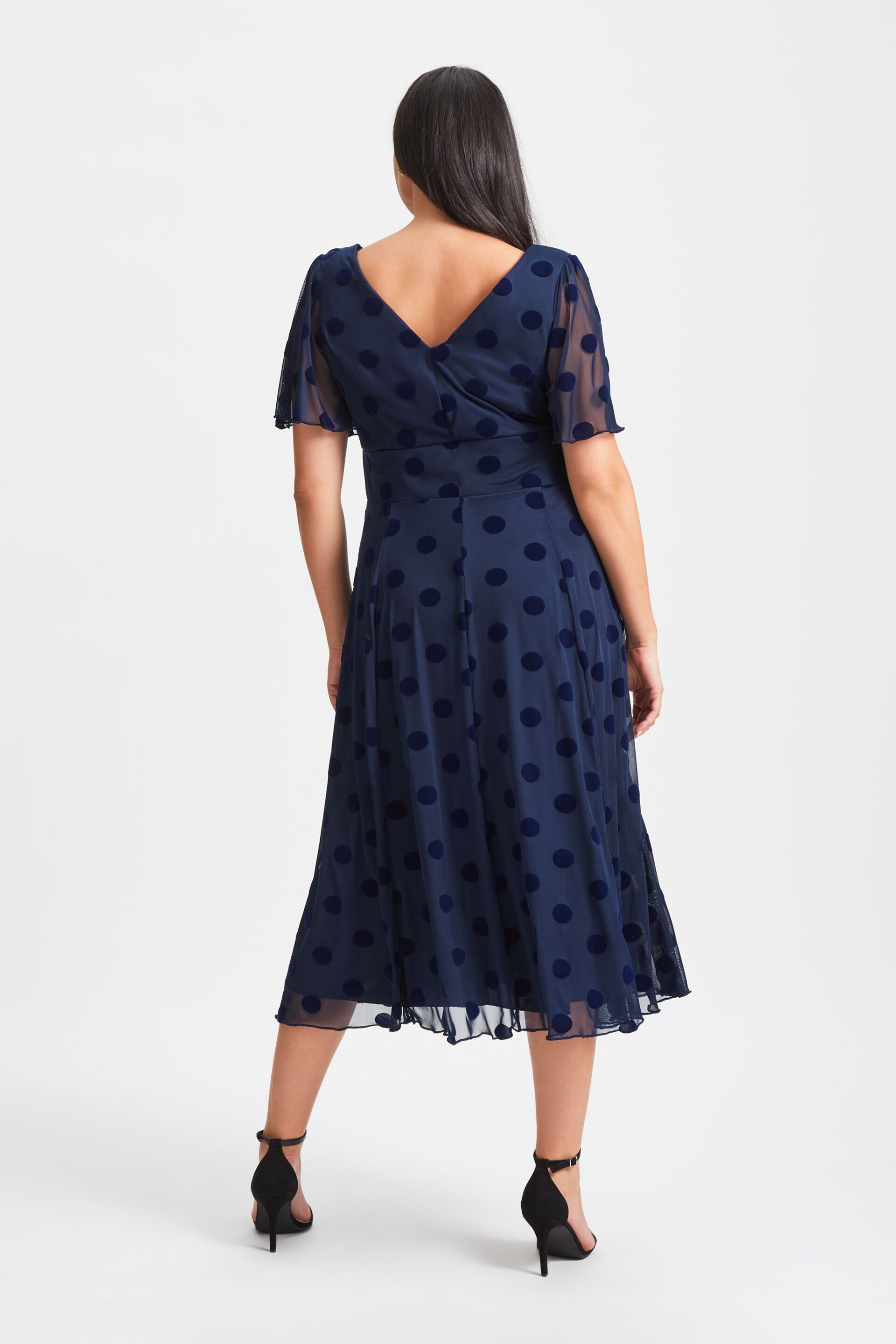 Scarlett & Jo Blue Victoria Flock Spot Angel Sleeve Mesh Midi long Dress - Image 2 of 5