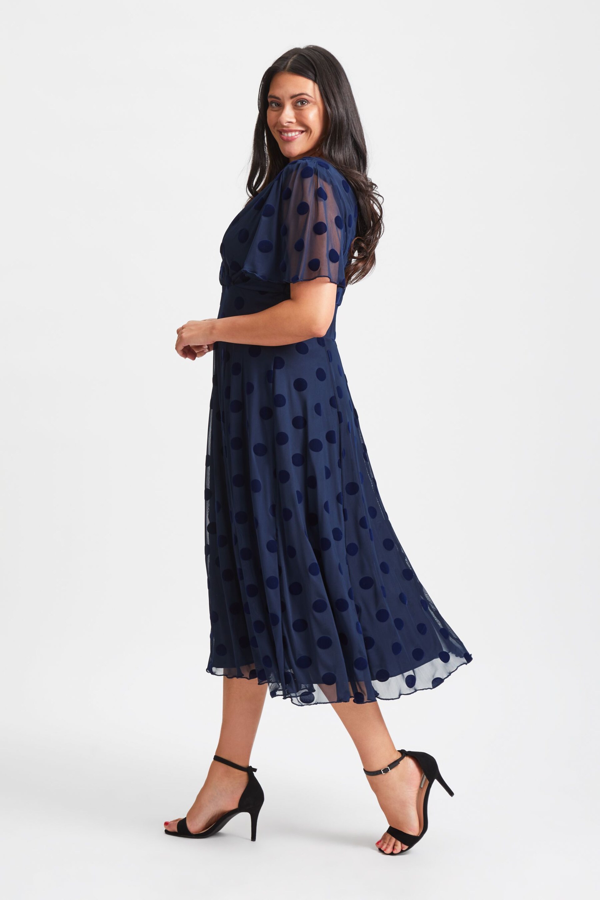 Scarlett & Jo Blue Victoria Flock Spot Angel Sleeve Mesh Midi long Dress - Image 3 of 5