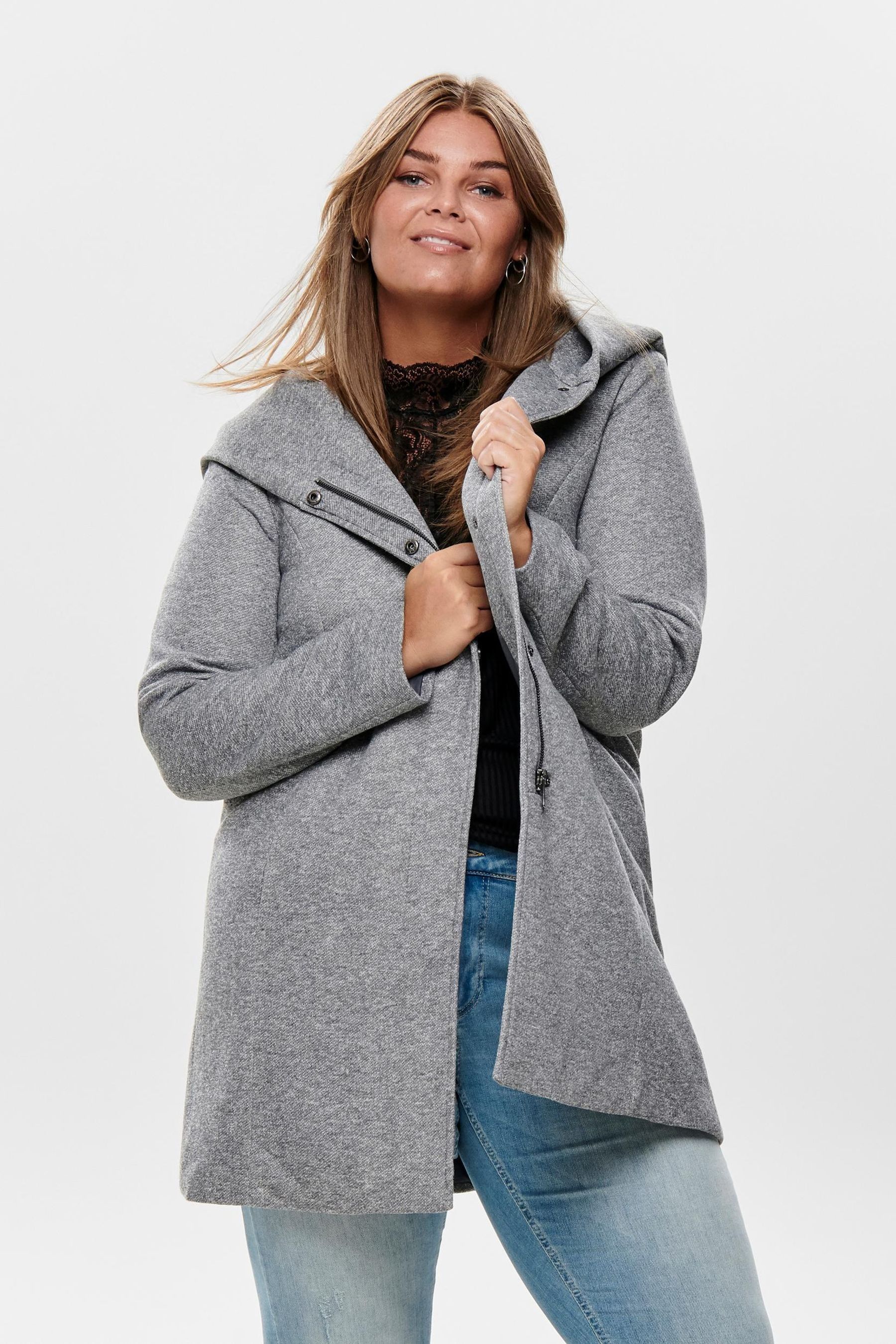 Buy ONLY Curve Grey Hooded Smart Zip Up and Popper Front Coat from Next Luxembourg