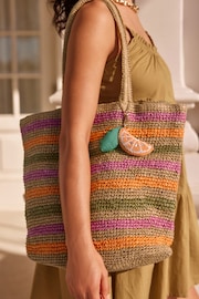 Multi Multi Stripe Raffia Shopper Bag with Beaded Charm - Image 3 of 8