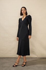 Ro&Zo Petite Satin Jacquard Puff Sleeve Black Dress - Image 1 of 4