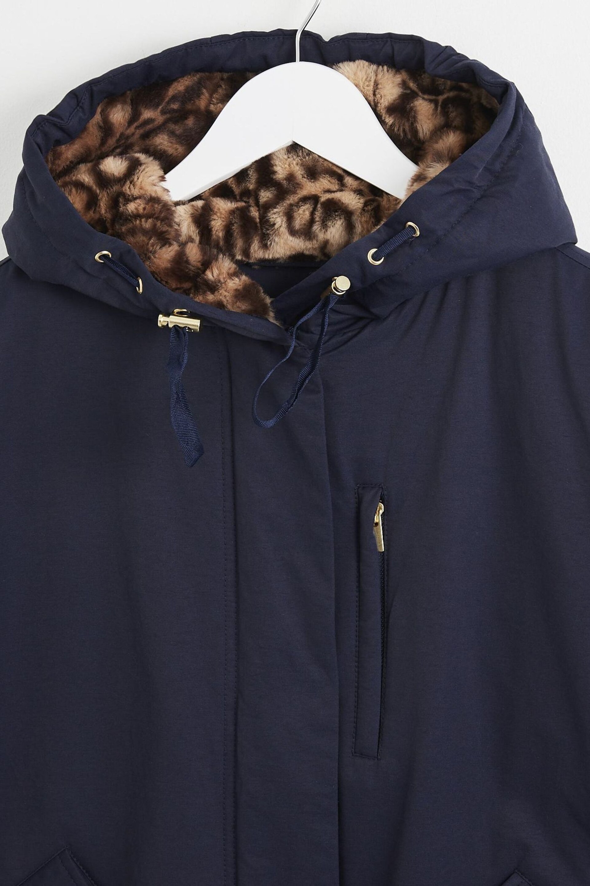 Oliver Bonas Blue Short Animal Print Faux Fur Hooded Parka Coat - Image 3 of 8