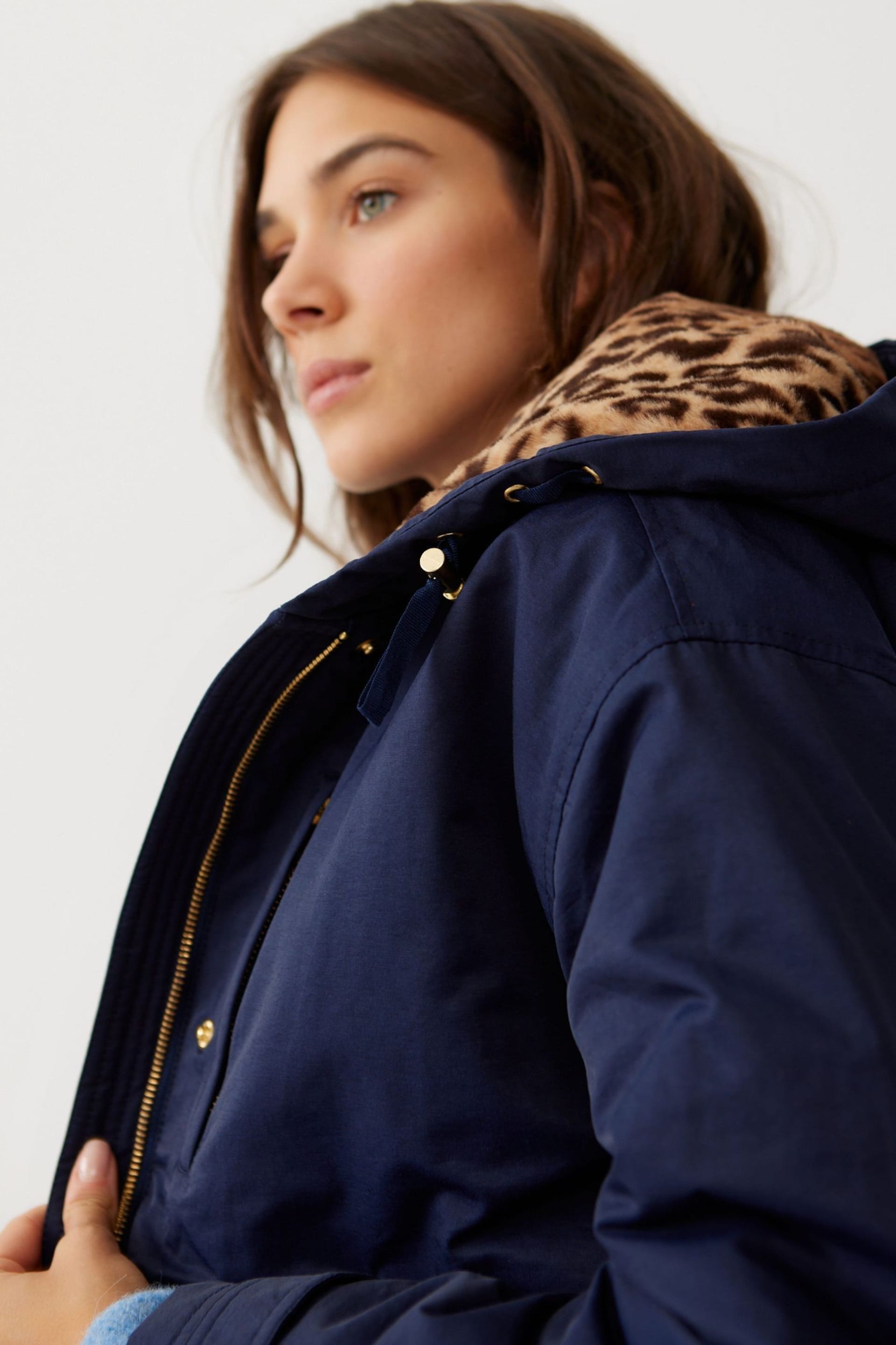 Oliver Bonas Blue Short Animal Print Faux Fur Hooded Parka Coat - Image 8 of 8