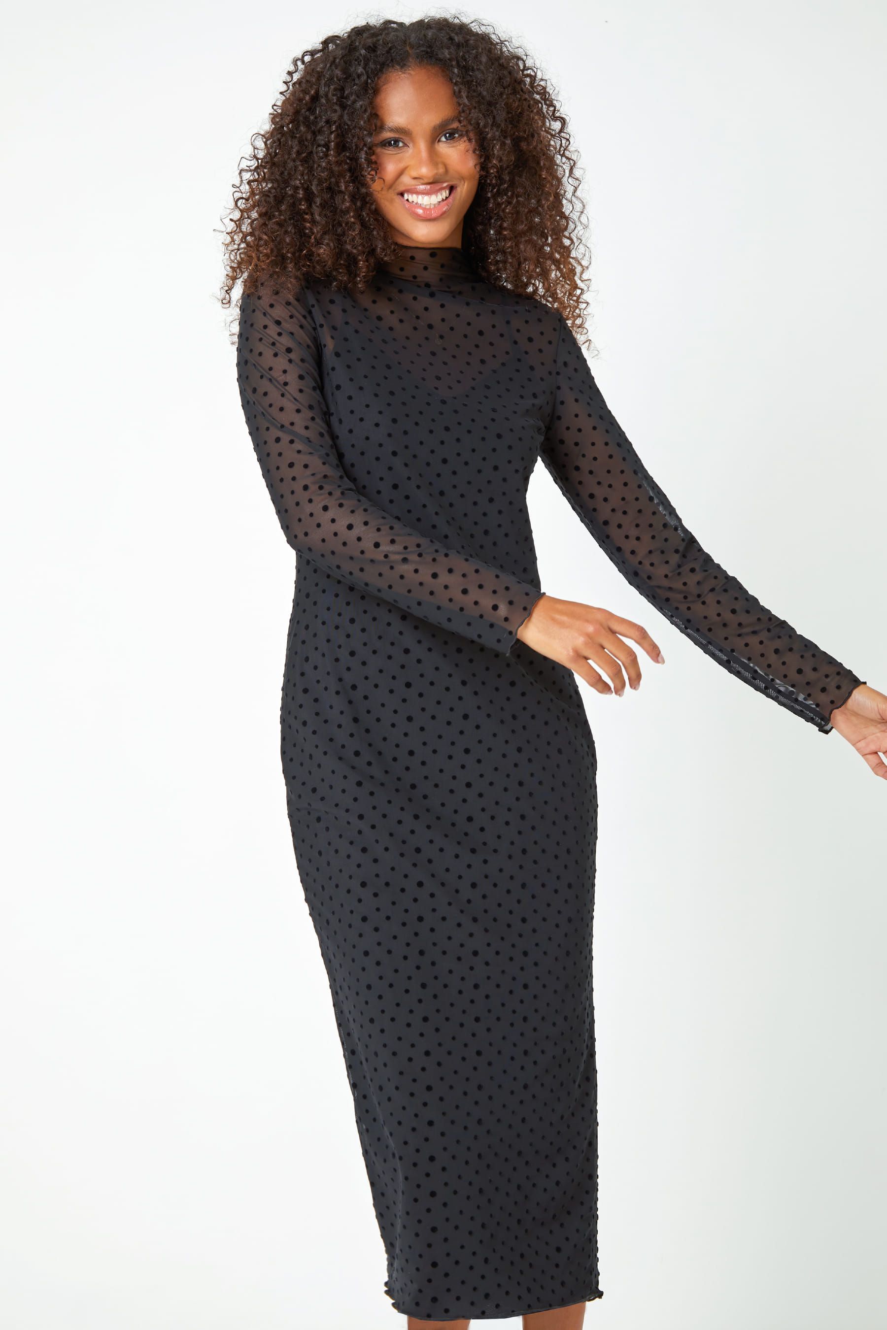 Buy Roman Black Mesh Polka Dot Overlay Midi Dress from the Next UK online shop