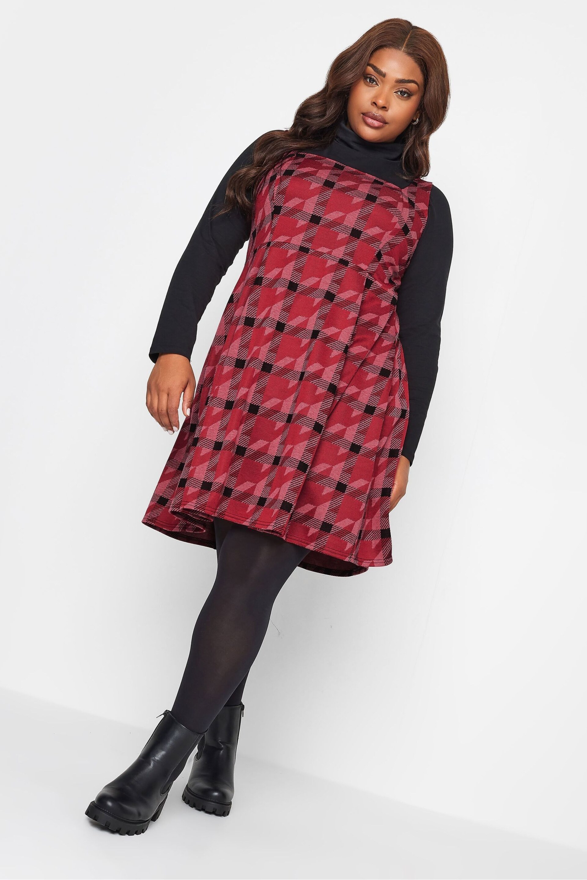 Yours Curve Red Square Neck Pinafore Dress - Image 1 of 4