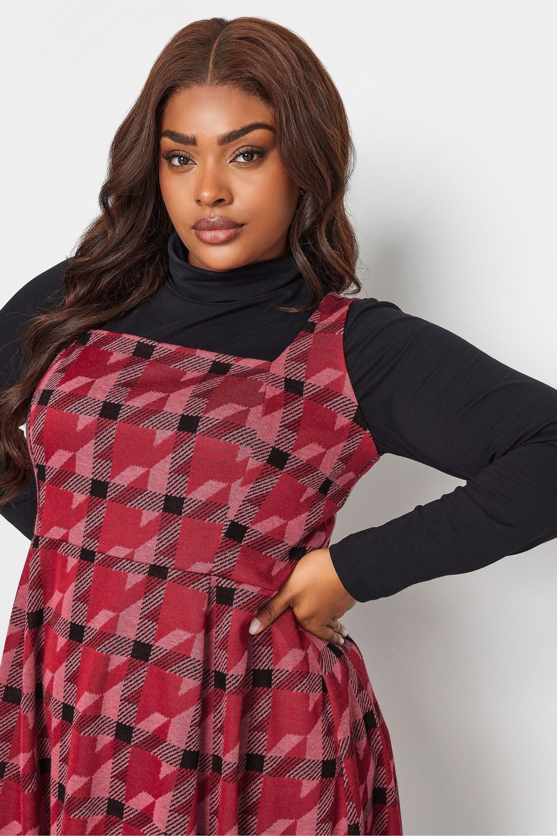 Yours Curve Red Square Neck Pinafore Dress - Image 4 of 4