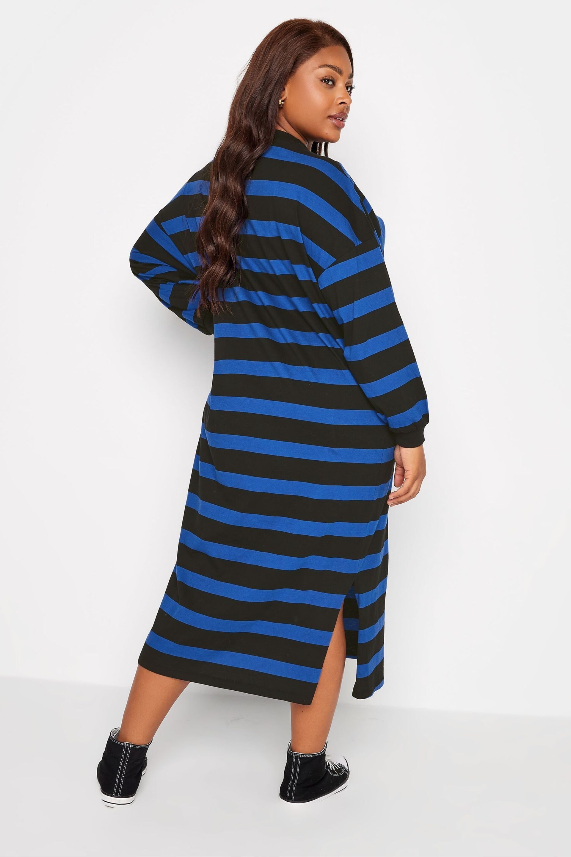 Yours Curve Blue Oversized Long Sleeve T-Shirt Jumbo Stripe Cuffed Dress - Image 2 of 4