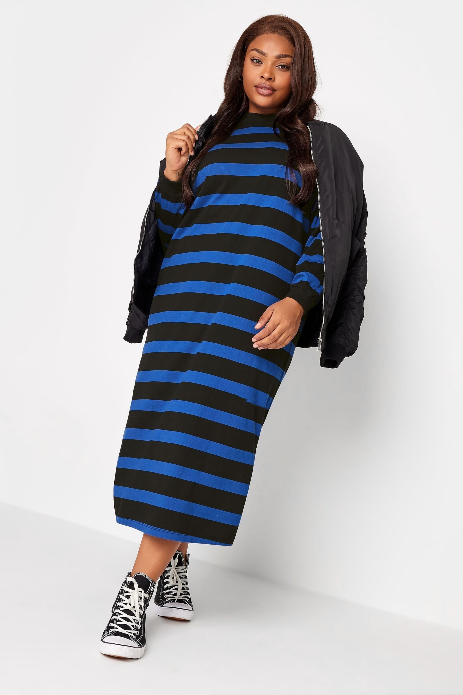 Yours Curve Blue Oversized Long Sleeve T-Shirt Jumbo Stripe Cuffed Dress - Image 3 of 4
