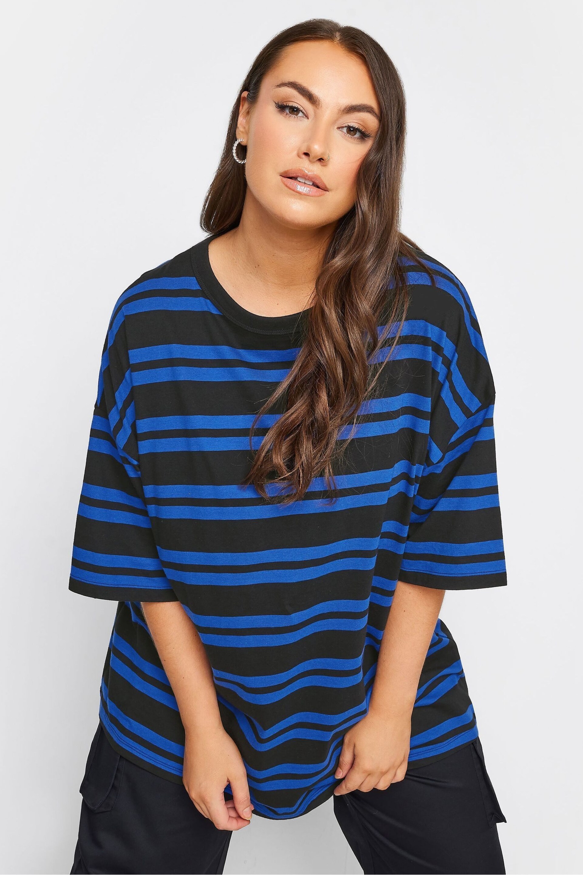Yours Curve Blue Engineered Double Stripe Boxy T-Shirt - Image 1 of 4