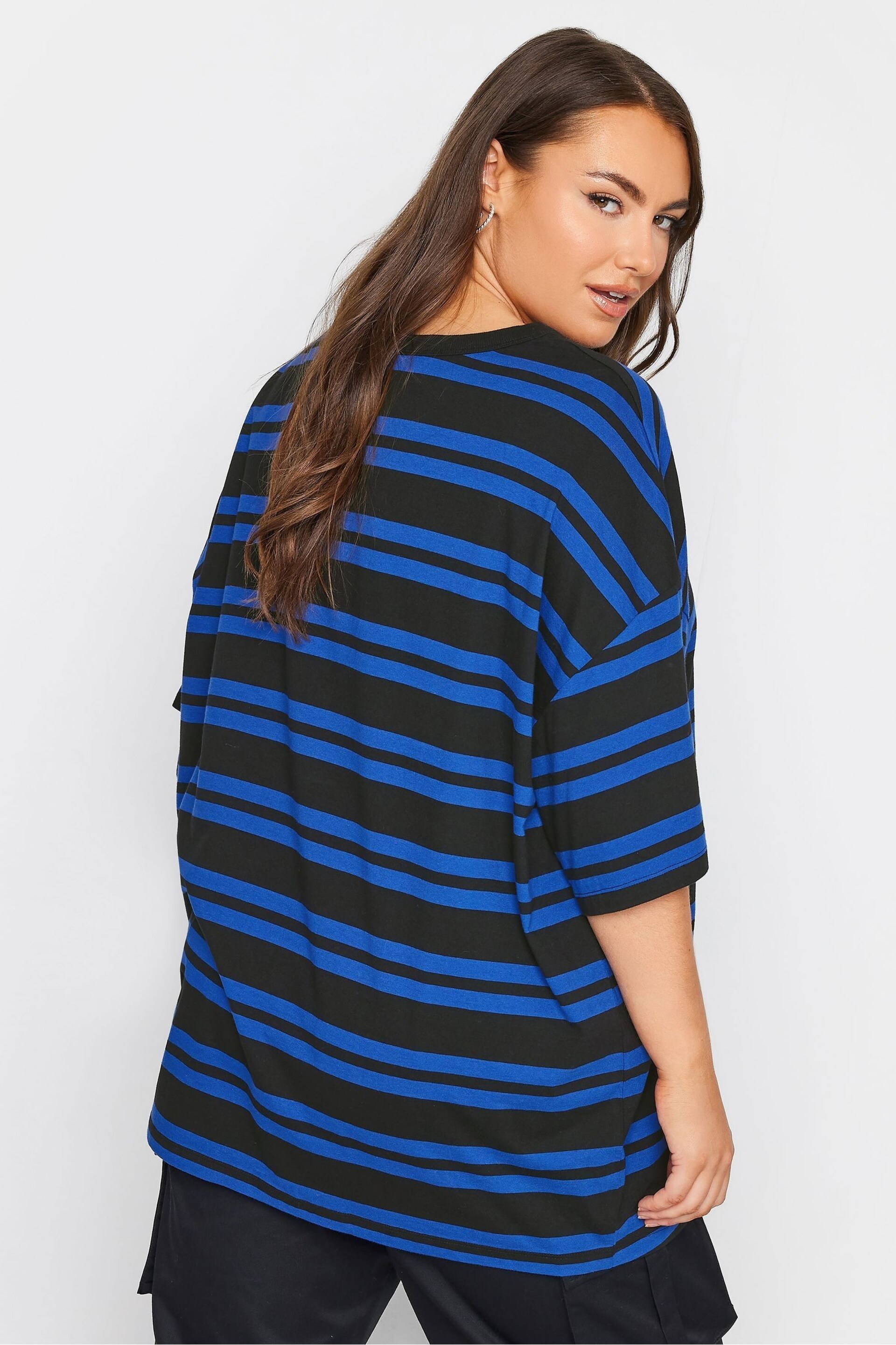 Yours Curve Blue Engineered Double Stripe Boxy T-Shirt - Image 2 of 4