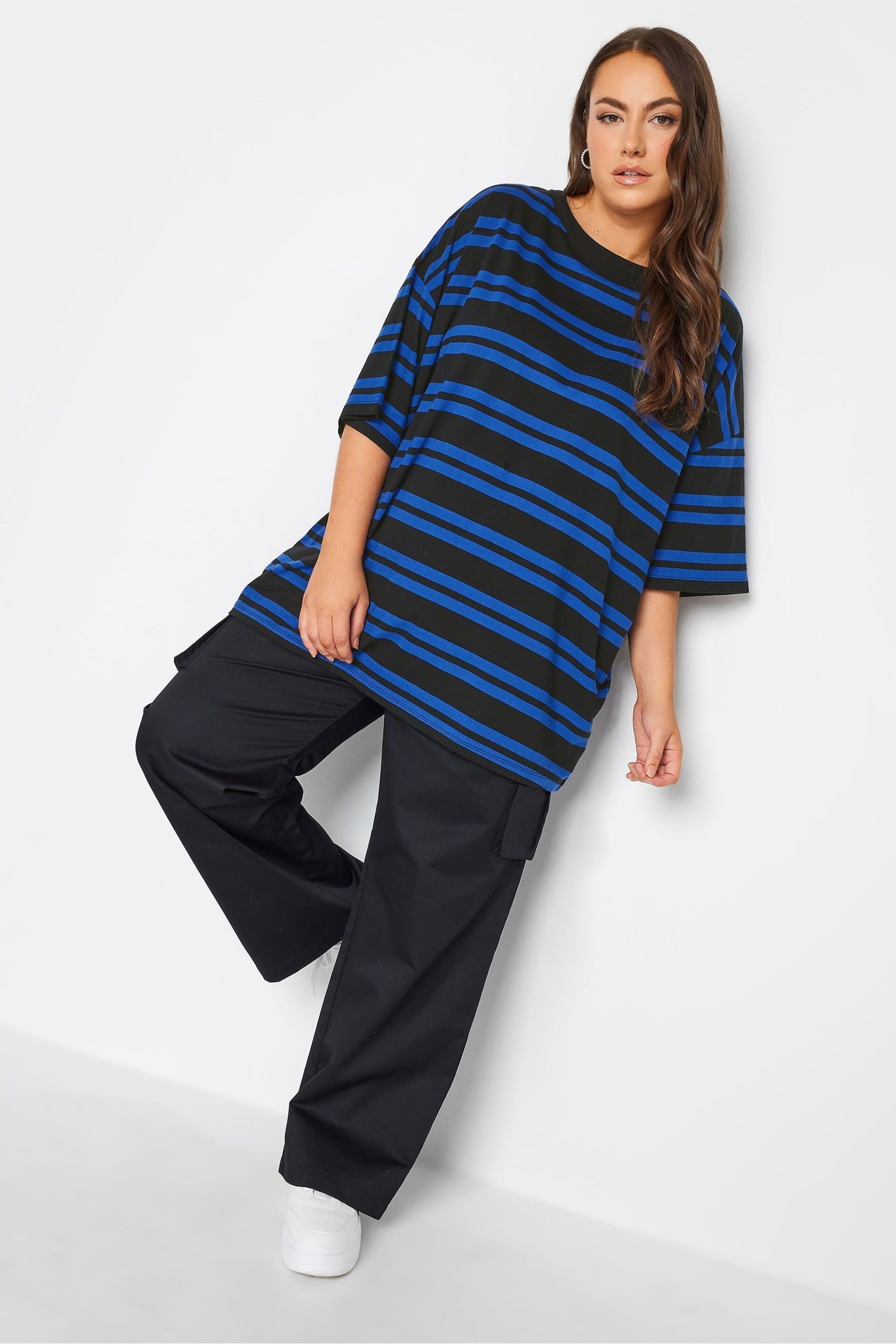 Yours Curve Blue Engineered Double Stripe Boxy T-Shirt - Image 3 of 4