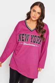 Yours Curve Pink Varsity Oversized Long Sleeve T-Shirt - Image 1 of 4
