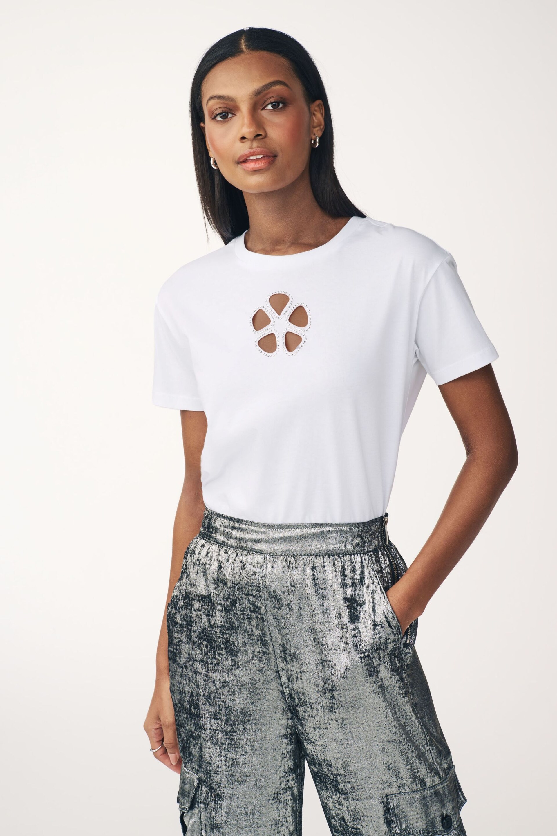 White Cut Out Detail T-Shirt - Image 1 of 6