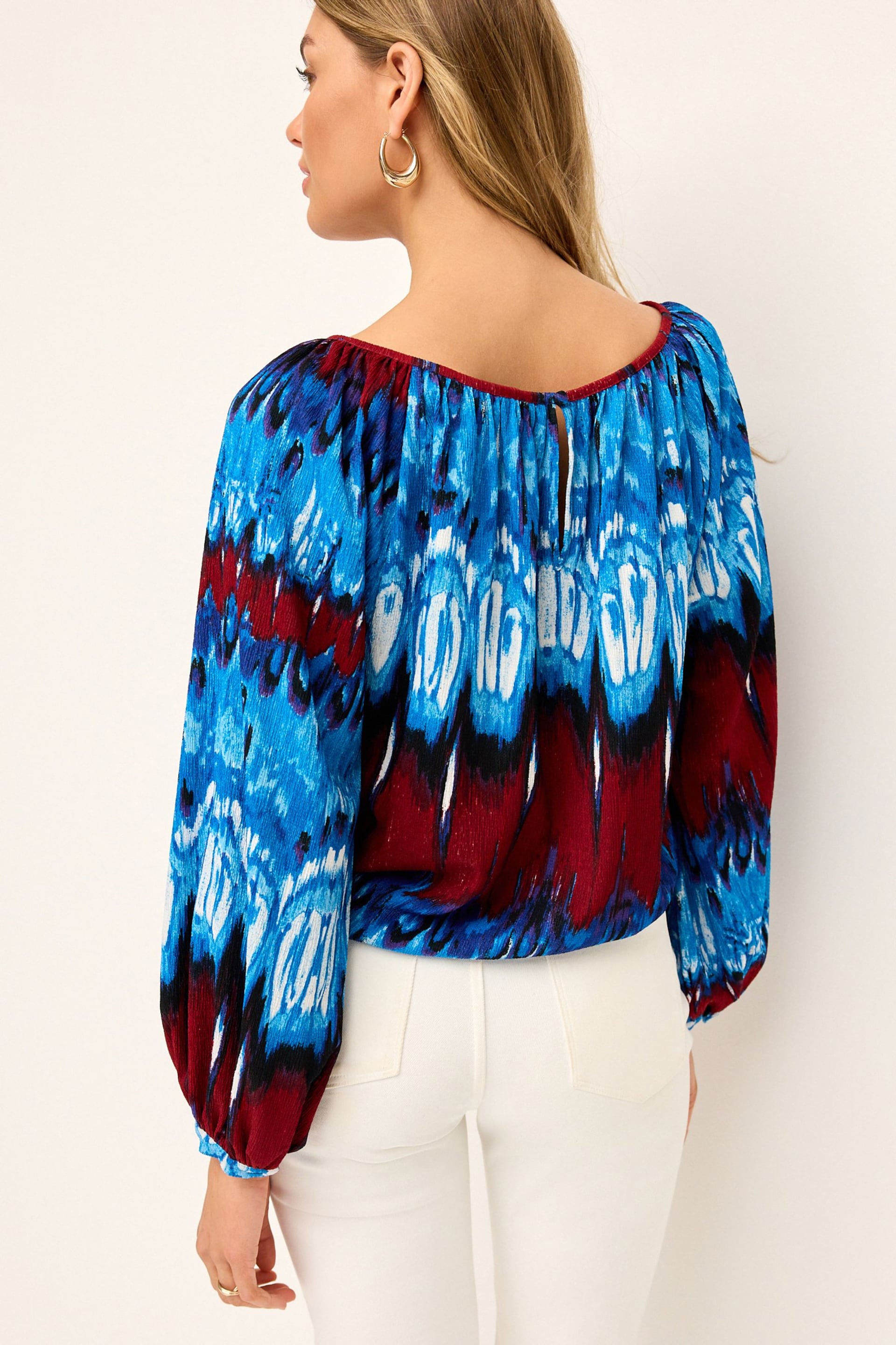 Blue Tie-Dye Print Boat Neck Textured Blouse - Image 3 of 5