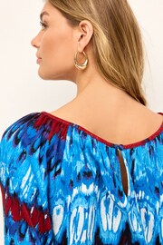 Blue Tie-Dye Print Boat Neck Textured Blouse - Image 4 of 5