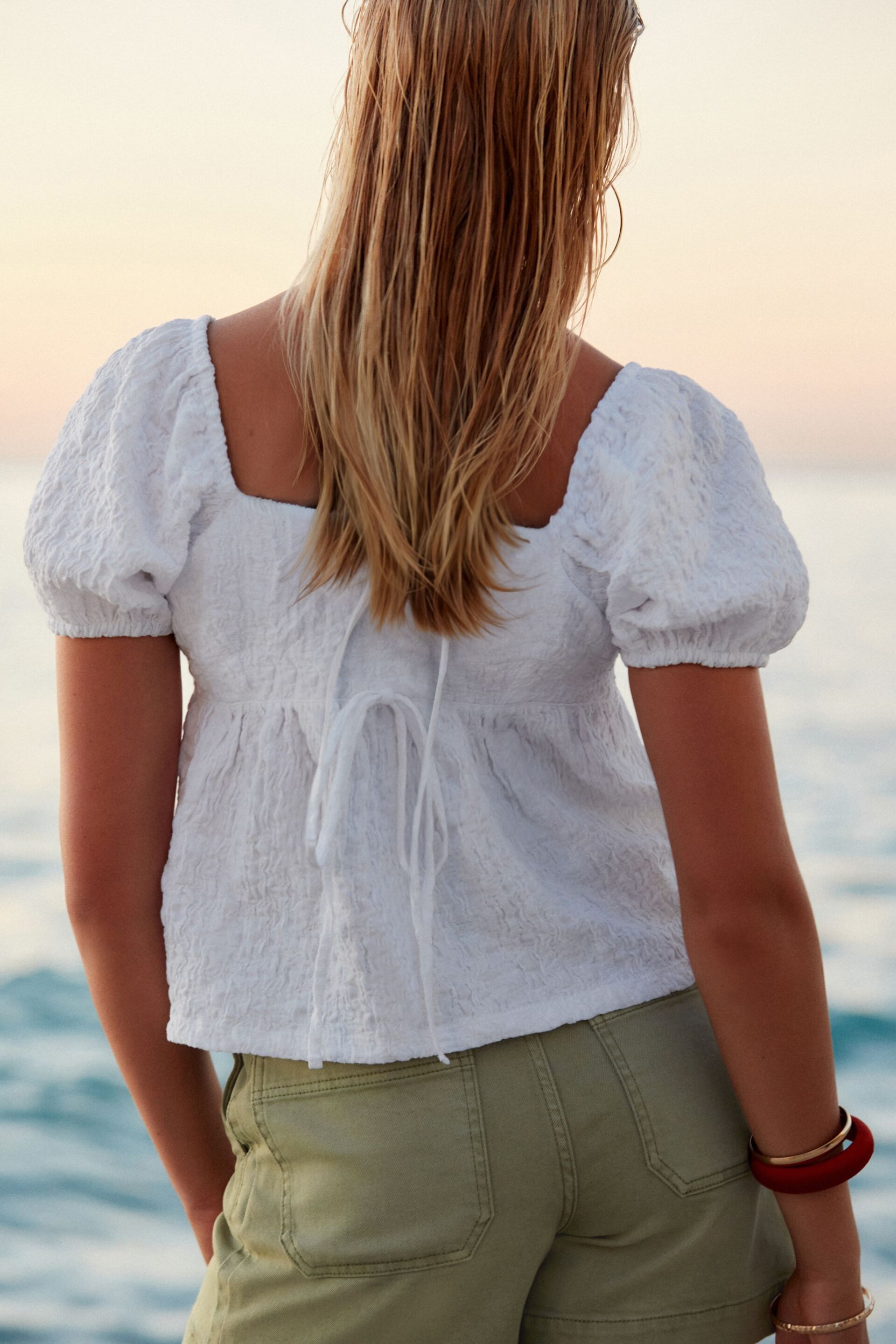 White Textured Puff Sleeve Square Neck Top - Image 3 of 4