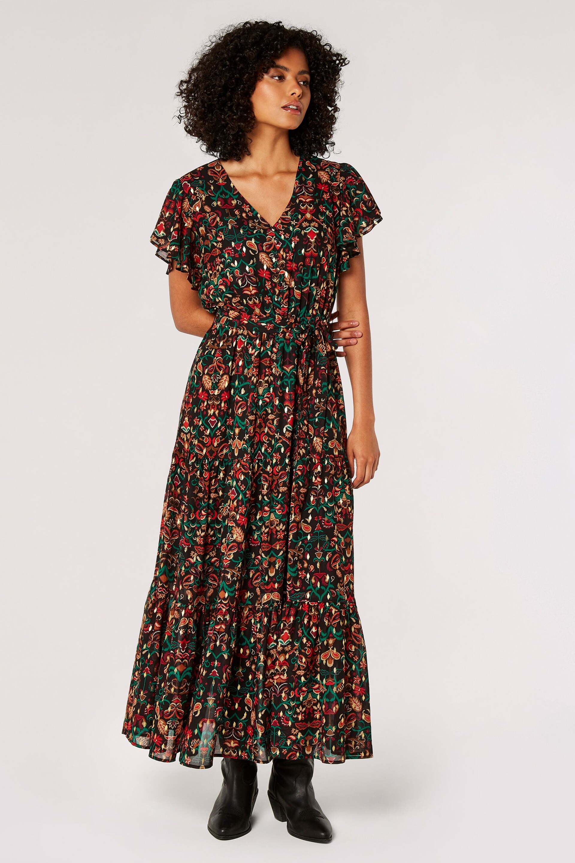 Apricot Black Folk Fairy Tale Ikat Maxi Dress - Image 1 of 5
