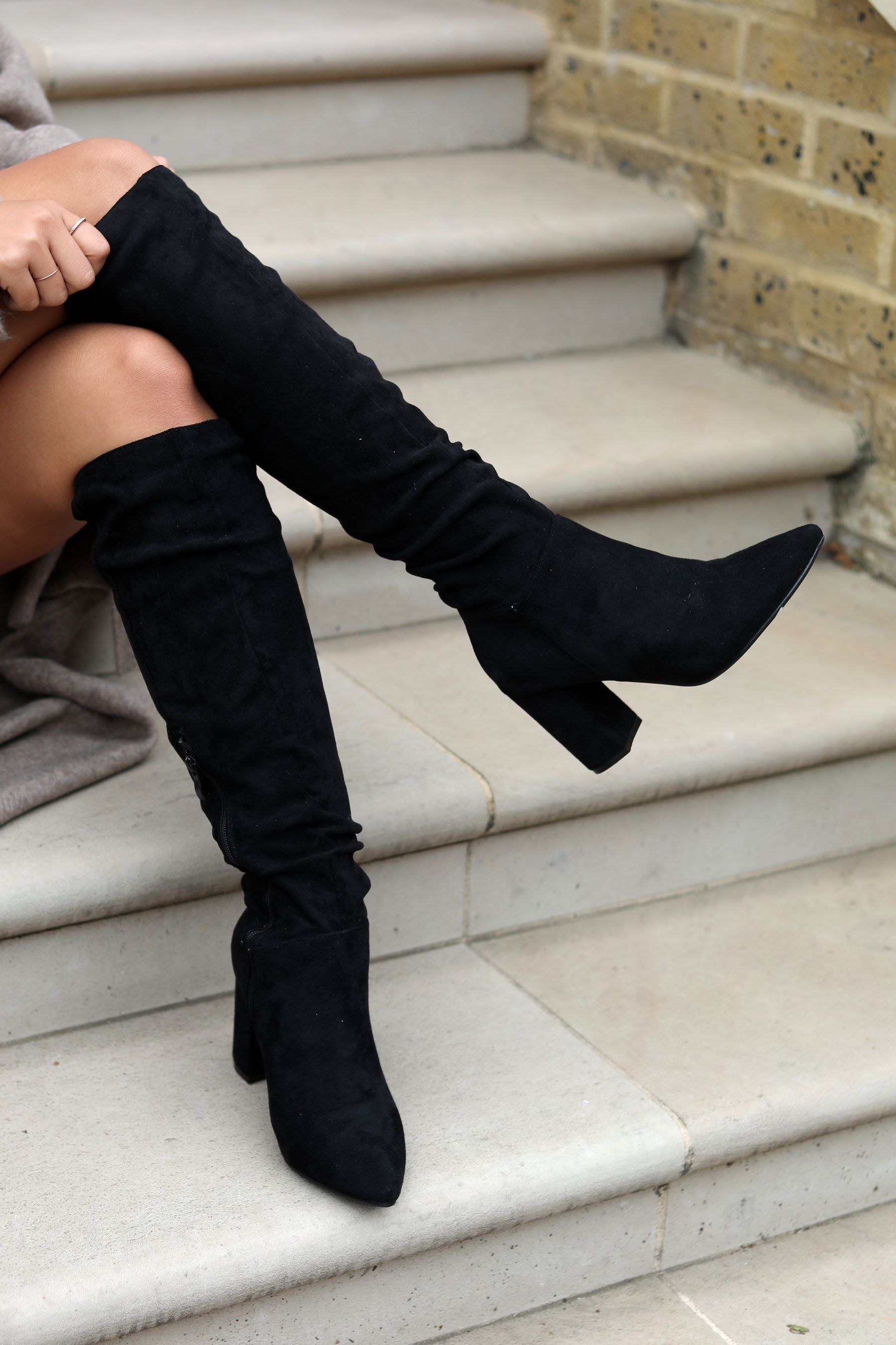 Buy Linzi Black Bonnie Faux Suede Block Heel Knee High Ruched Boots With Pointed Toe from Next Luxembourg
