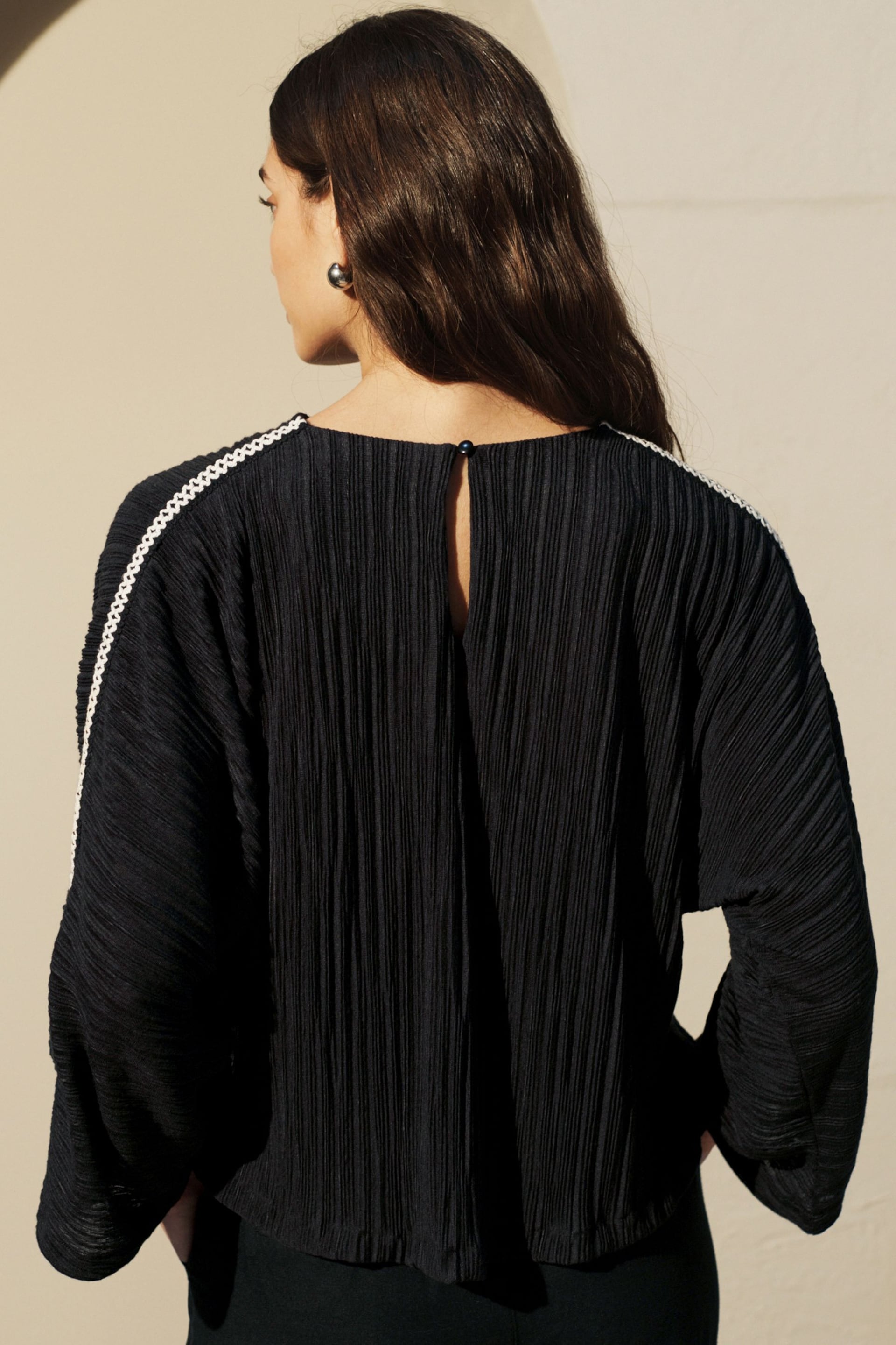 Black Crochet Long Sleeve Trim Blouse - Image 2 of 5