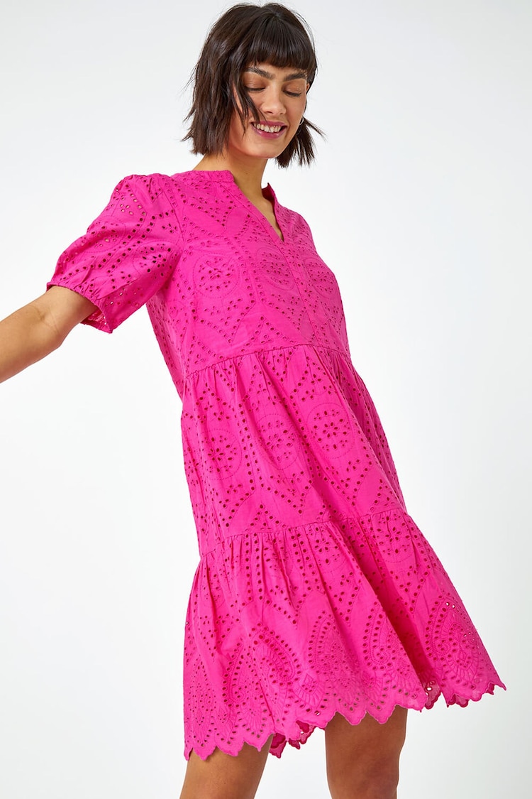 Roman Pink Embroidered Tiered 100% Cotton Smock Dress - Image 1 of 5