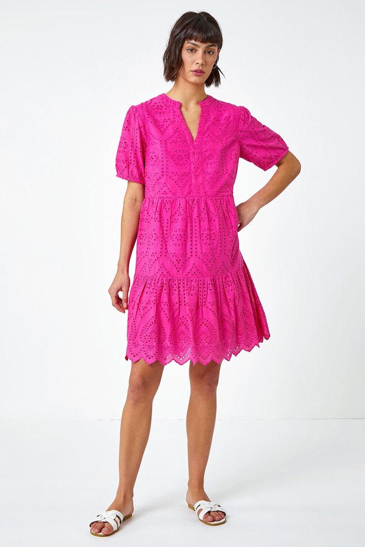 Roman Pink Embroidered Tiered 100% Cotton Smock Dress - Image 2 of 5