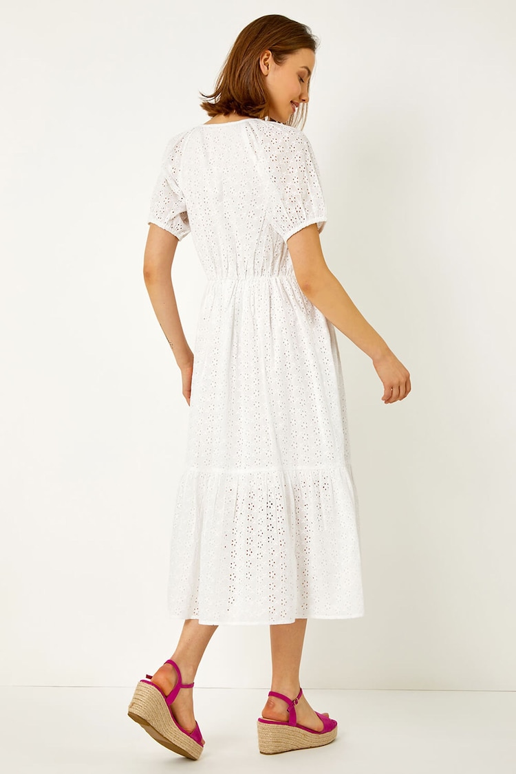 Roman White 100% Cotton Broderie Puff Sleeve Tiered Midi Dress - Image 2 of 5