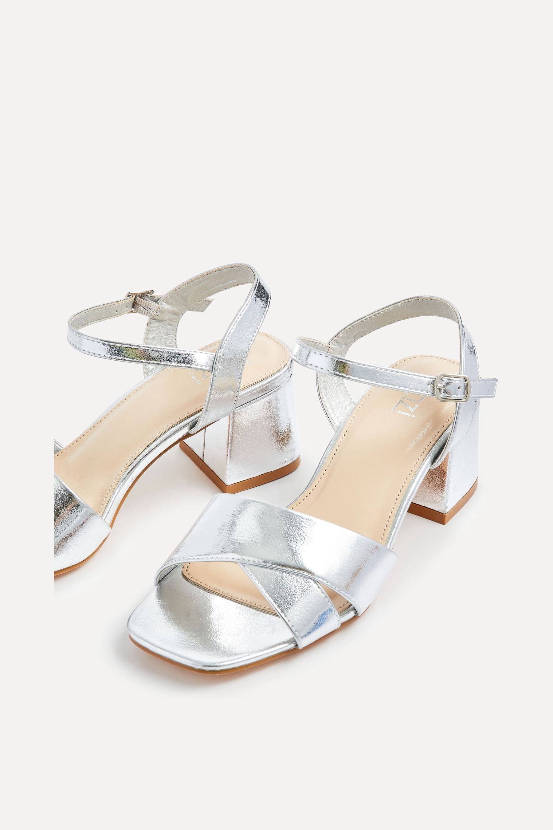 Linzi Silver Vivian Wide Fit Heeled Sandals With Crossover Front Strap