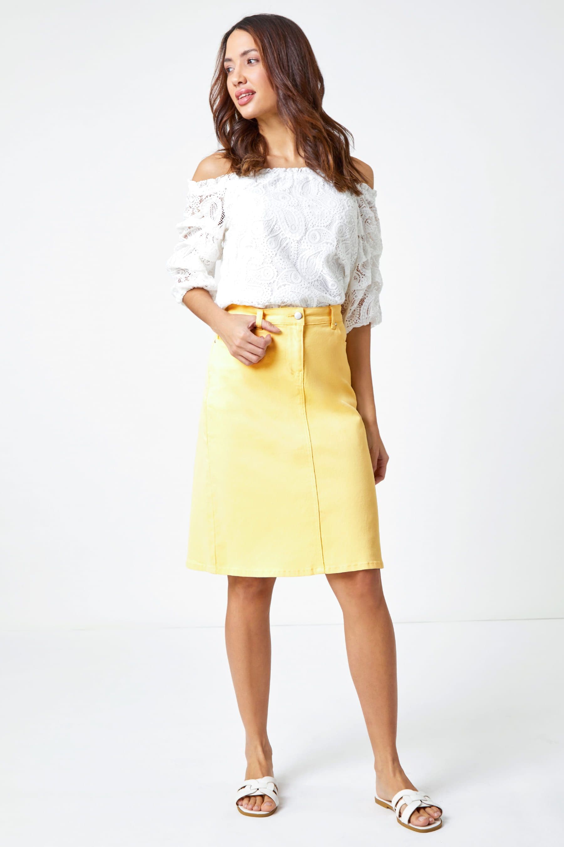 Knee length jean skirts yellow deals