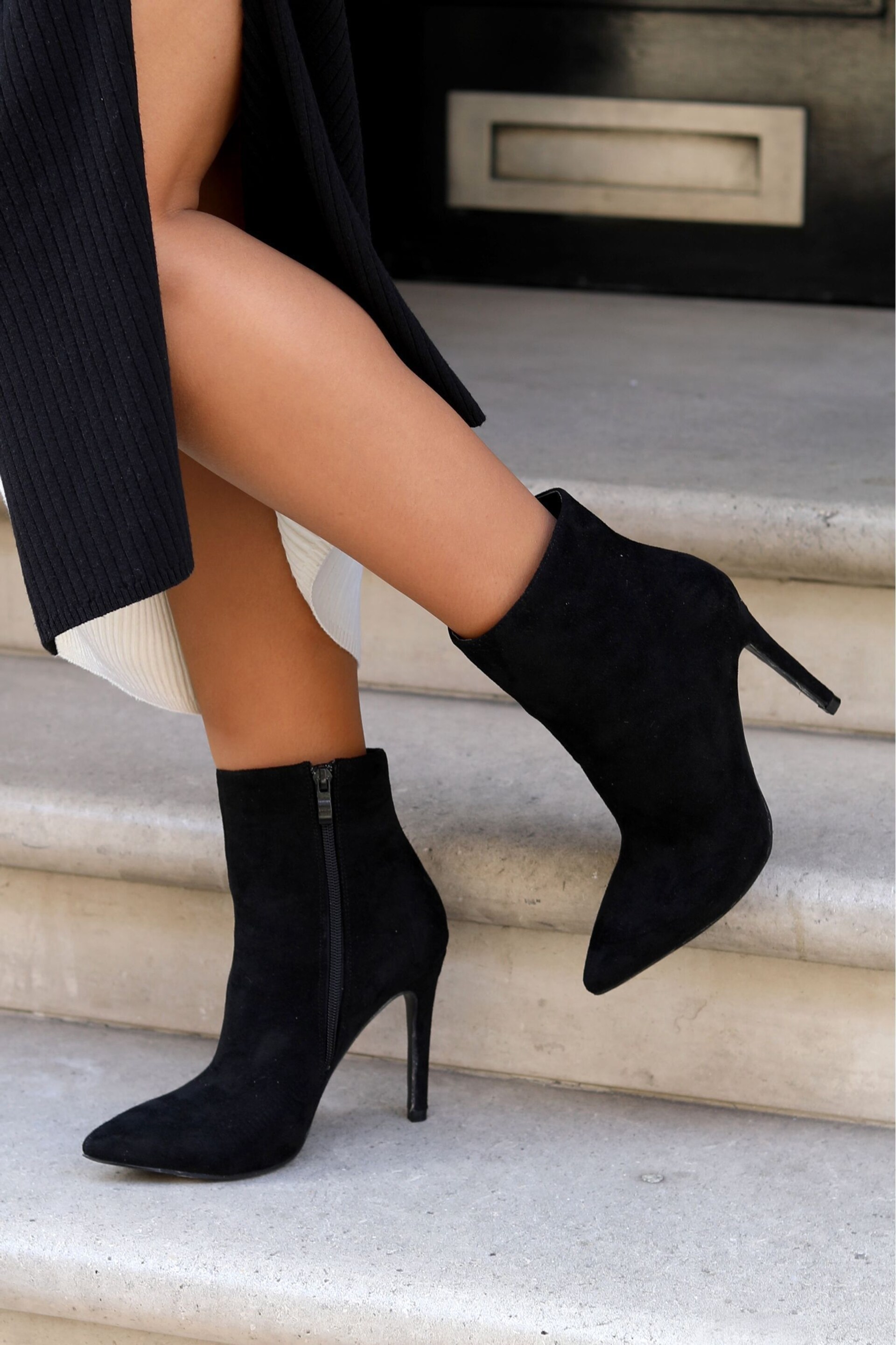 Linzi Black Jasmin Faux Suede Pointed Stiletto Boot Heels - Image 1 of 5