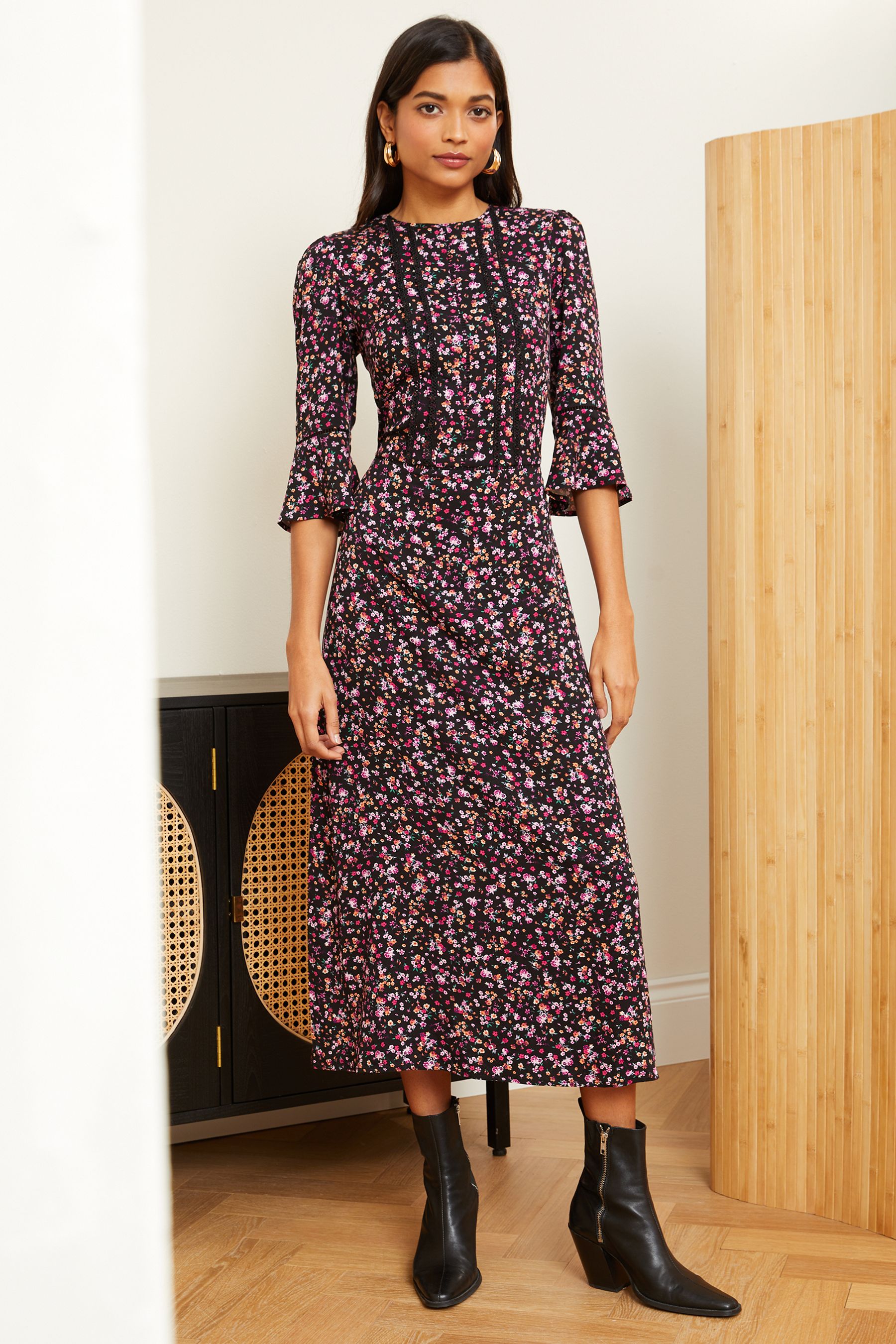 Buy Love Roses Black Ditsy Printed Flute Sleeves High Neck Lace Trim Midi Dress from Next Luxembourg