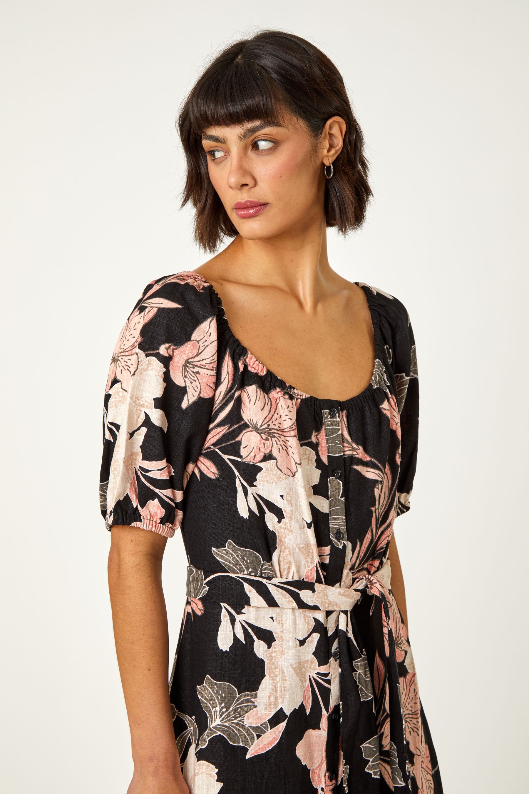 Buy Roman Black Floral Linen Blend Bardot Dress from the Next UK online shop