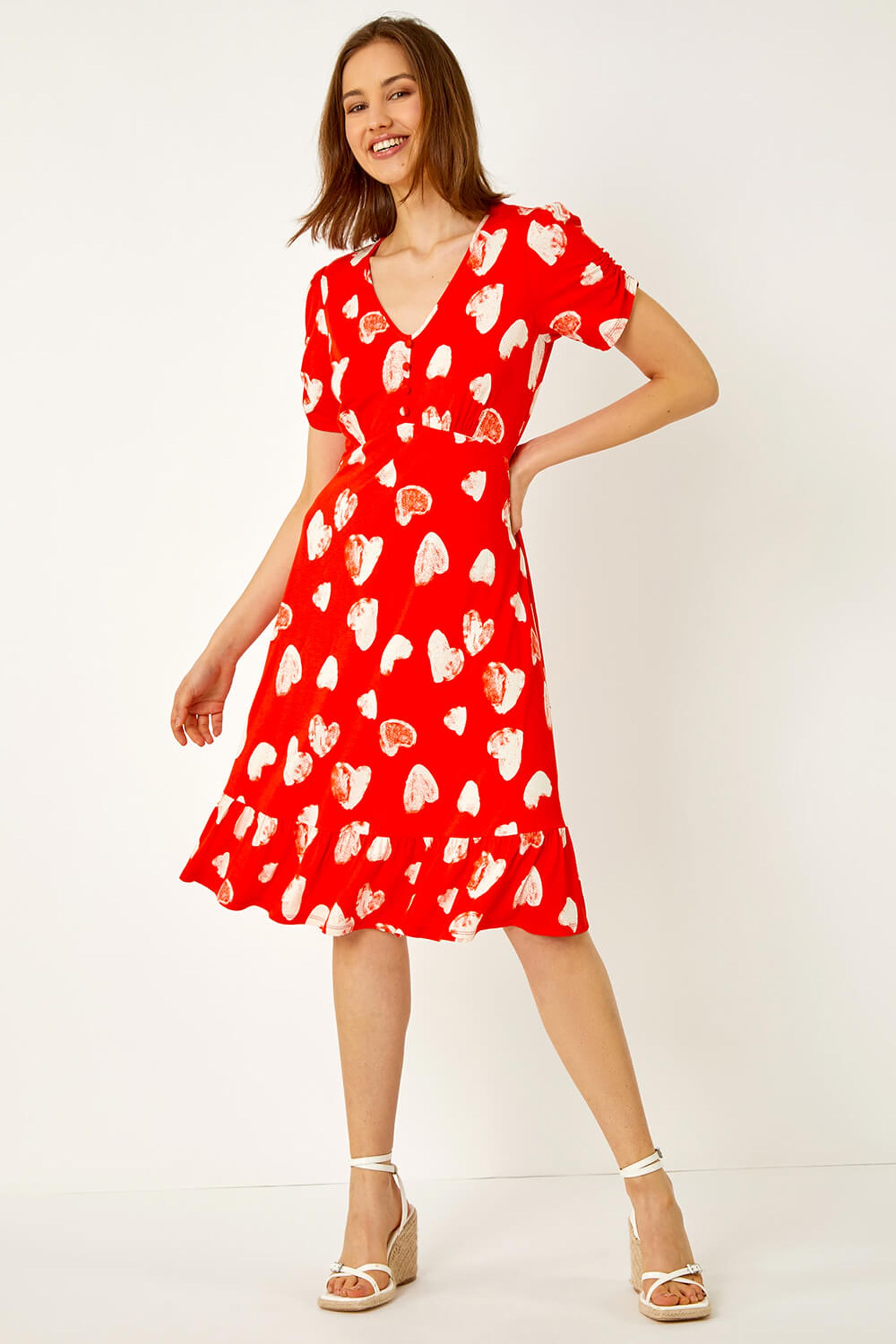 Roman Red Heart Print Frill Hem Stretch Dress