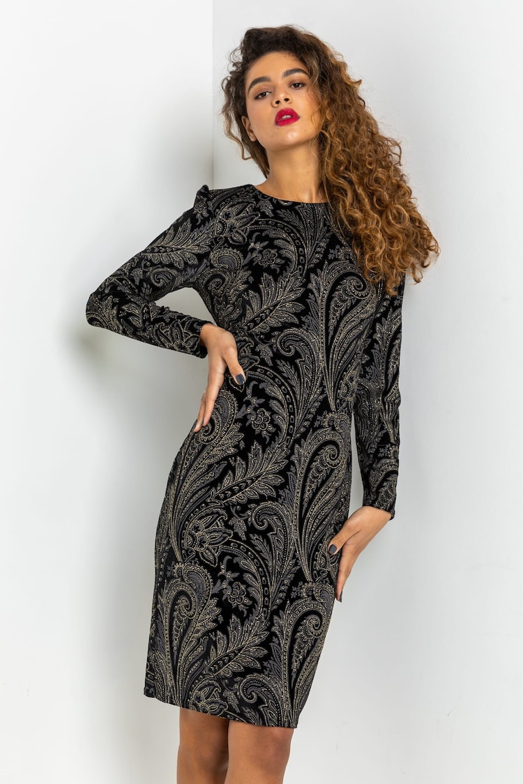 Roman Black Shimmer Paisley Velvet Shift Dress - Image 1 of 5