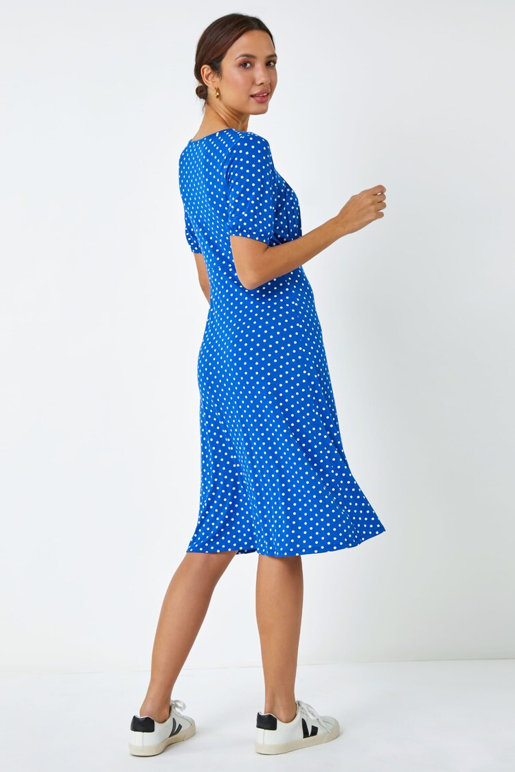 Roman Blue Polka Dot Print Stretch Dress - Image 2 of 5