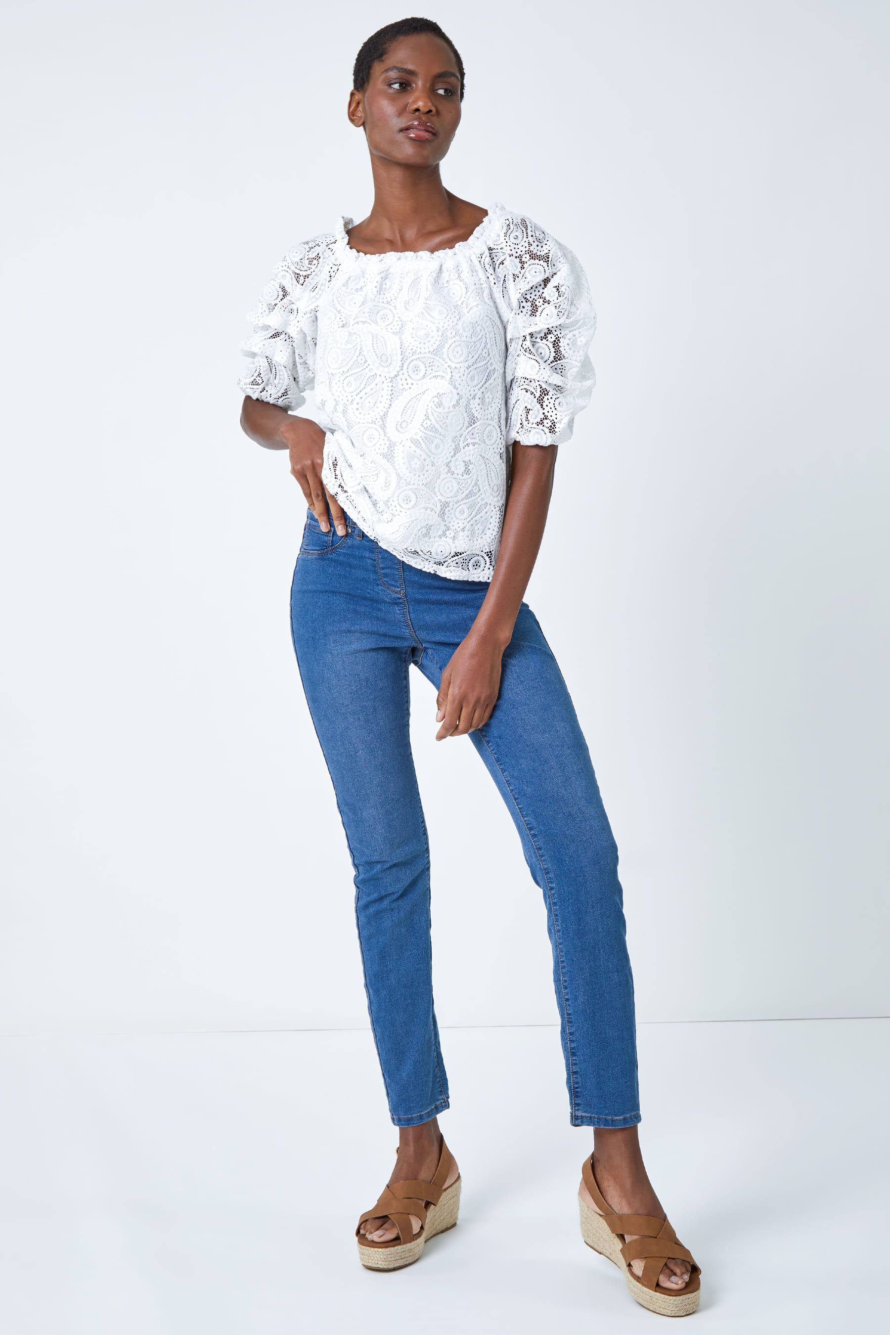 Buy Roman White Paisley Lace Ruched Sleeve Bardot Top from the Next UK online shop