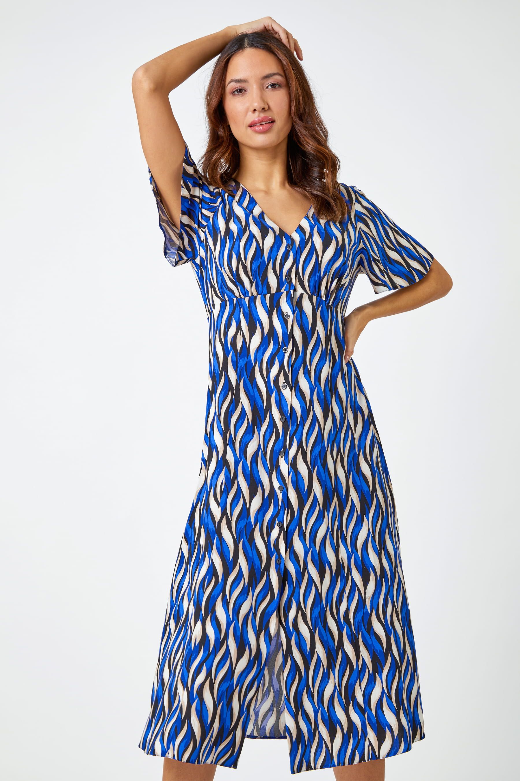 Buy Roman Blue Wave Print Button Midi Dress from the Next UK online shop
